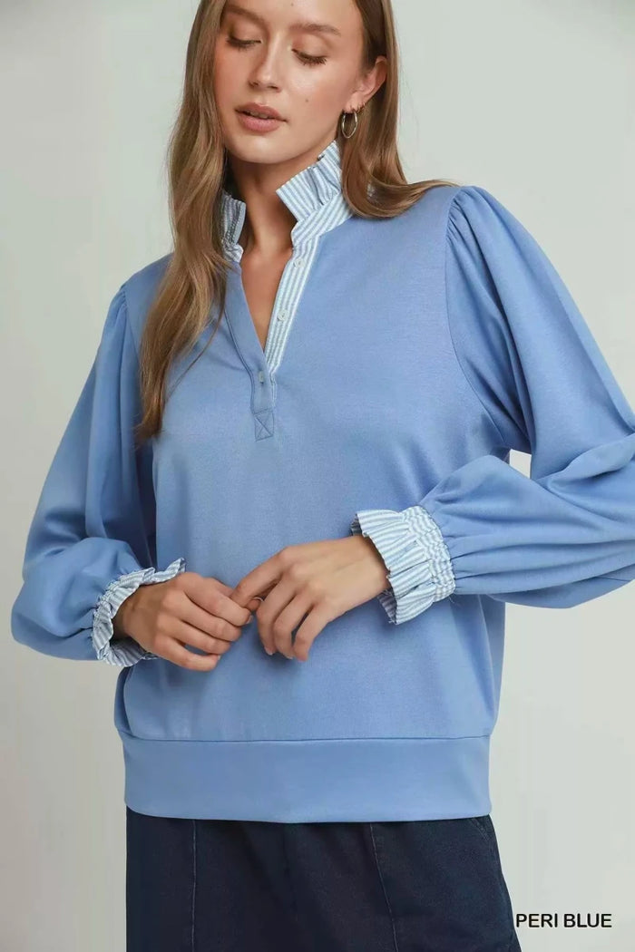 Stripe Ruffle Neck Long Sleeve Top