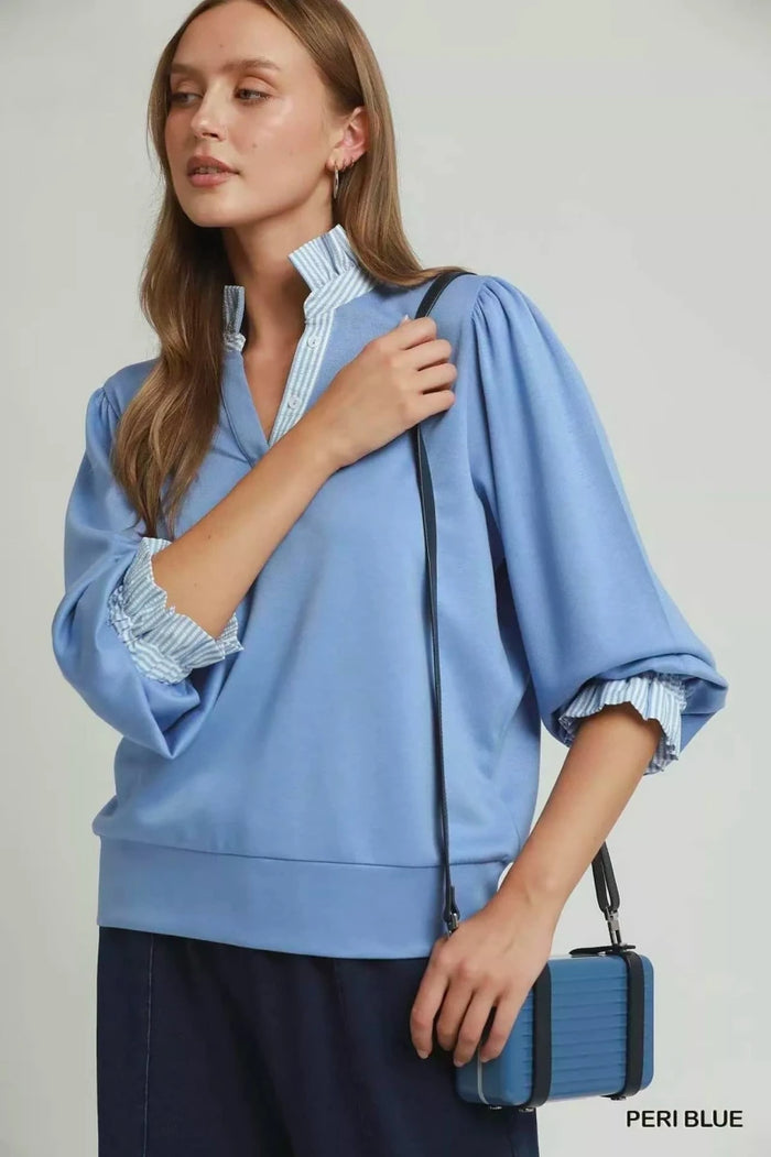 Stripe Ruffle Neck Long Sleeve Top