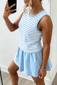 Stripe Slim Tank Contrast Ruffle Mini Skort Set