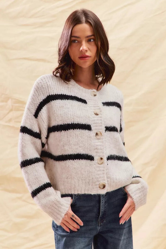 Stripe Soft Touch Button Cozy Cardigan