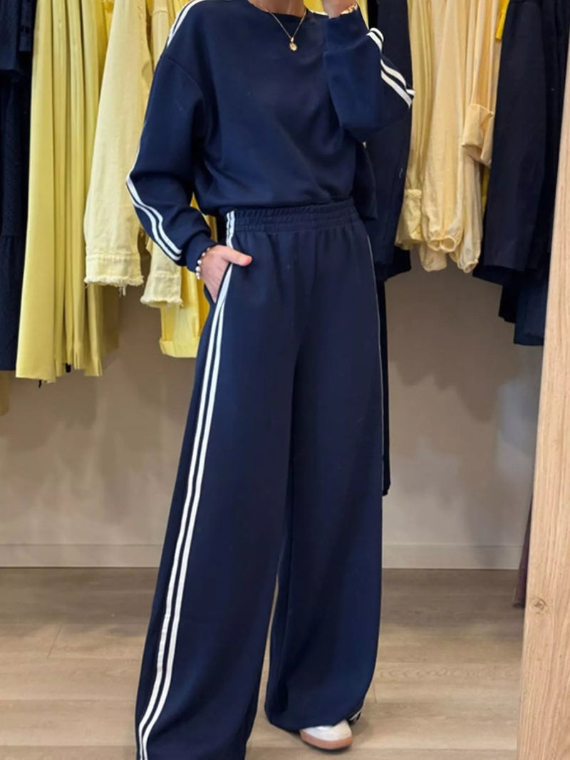 Striped Detail Crewneck Top and Elastic Sweatpants - Three Colors