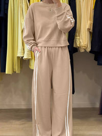 Striped Detail Crewneck Top and Elastic Sweatpants - Three Colors