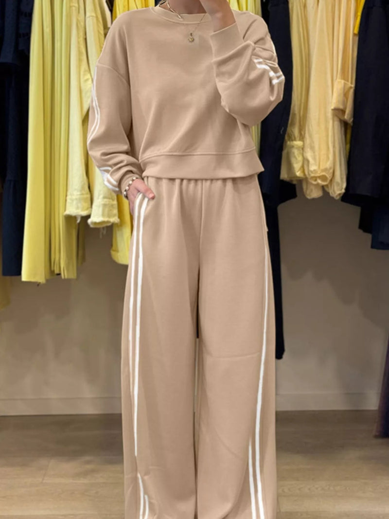 Striped Detail Crewneck Top and Elastic Sweatpants - Three Colors