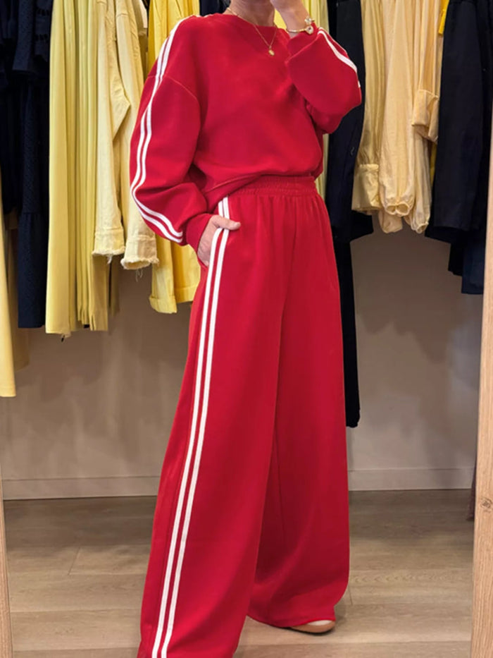 Striped Detail Crewneck Top and Elastic Sweatpants - Three Colors