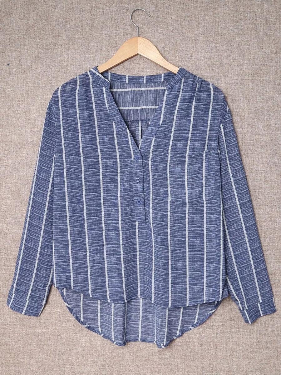 Striped Print V Neck Half Buttons Loose Blouse