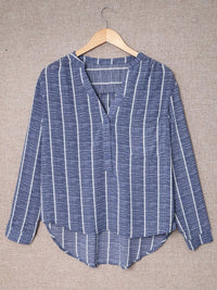 Striped Print V Neck Half Buttons Loose Blouse