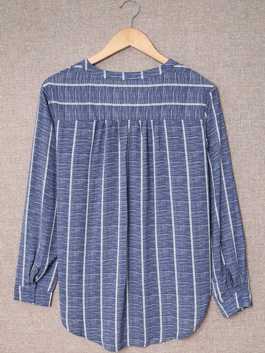 Striped Print V Neck Half Buttons Loose Blouse