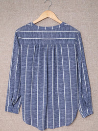 Striped Print V Neck Half Buttons Loose Blouse