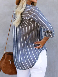 Striped Print V Neck Half Buttons Loose Blouse