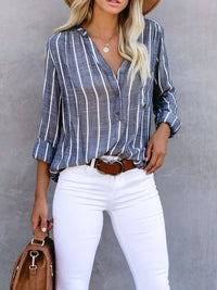 Striped Print V Neck Half Buttons Loose Blouse