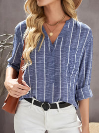 Striped Print V Neck Half Buttons Loose Blouse