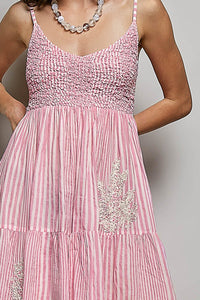 Striped Smocked Embroidered Mini Dress