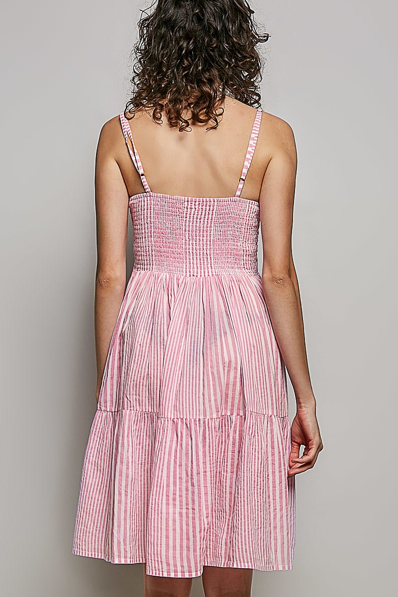 Striped Smocked Embroidered Mini Dress