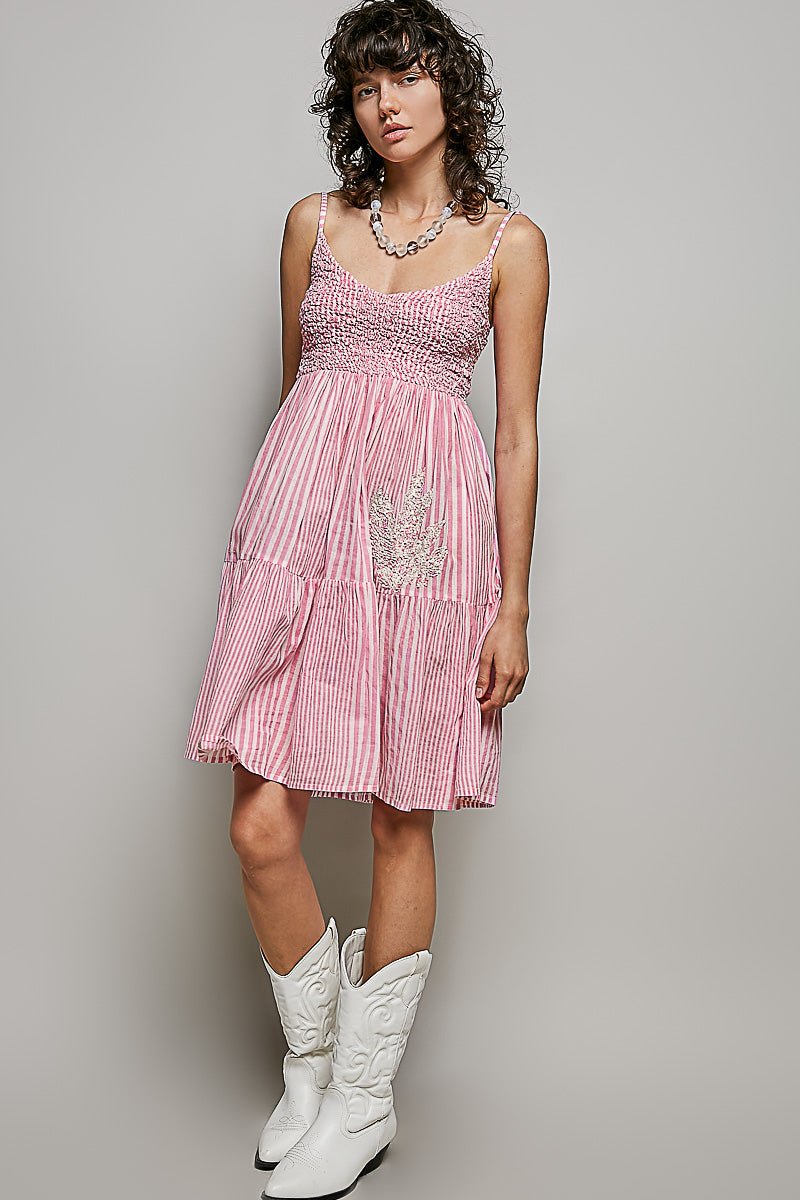Striped Smocked Embroidered Mini Dress