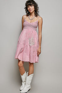 Striped Smocked Embroidered Mini Dress