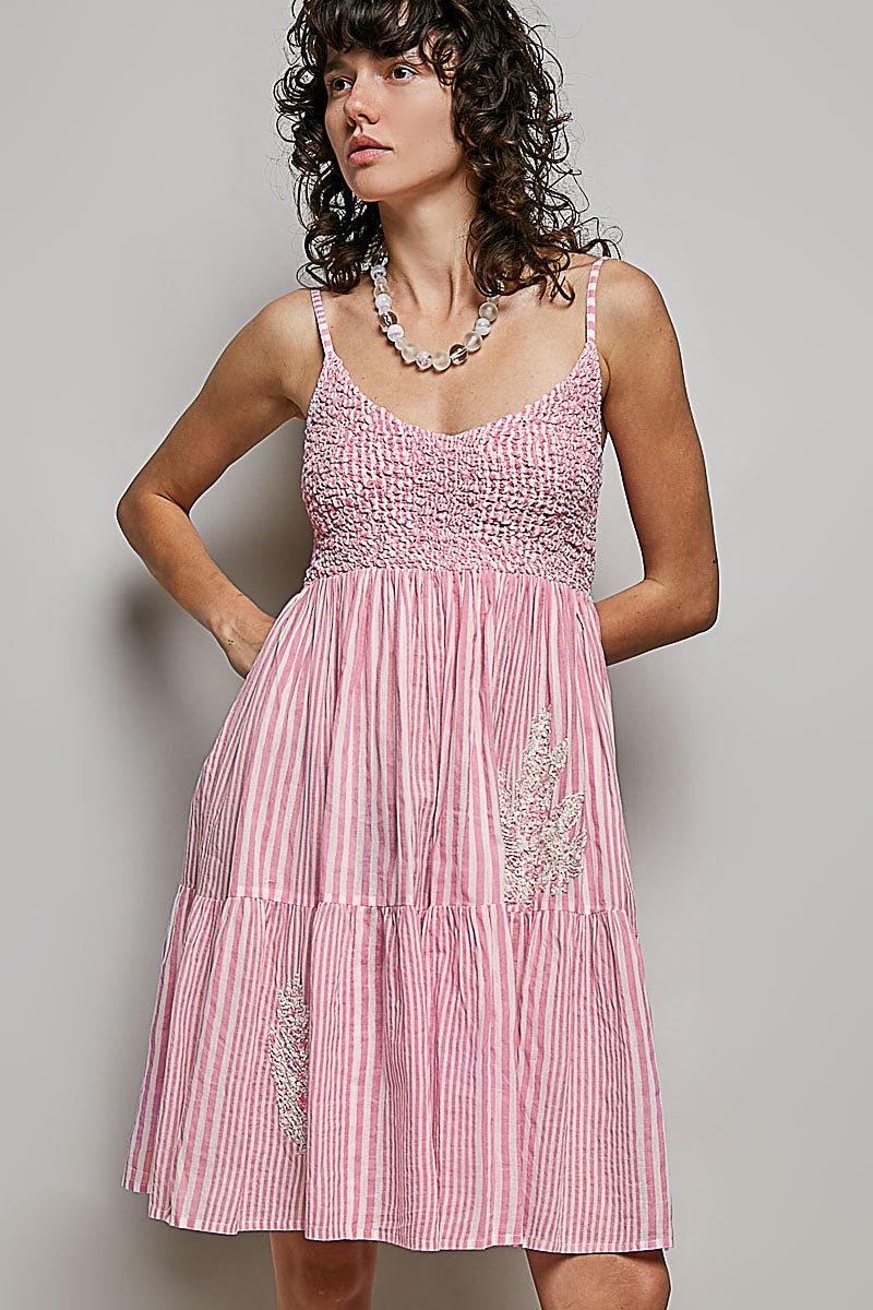 Striped Smocked Embroidered Mini Dress