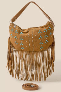 Studded Pattern Multi Fringe Hobo Shoulder Bag