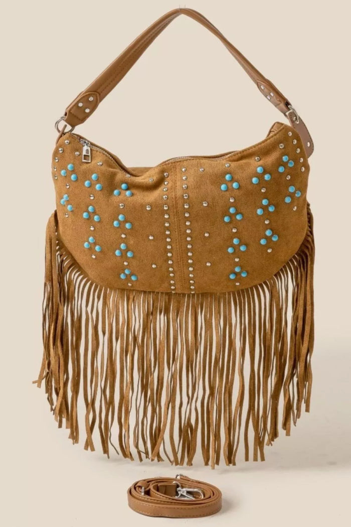 Studded Pattern Multi Fringe Hobo Shoulder Bag