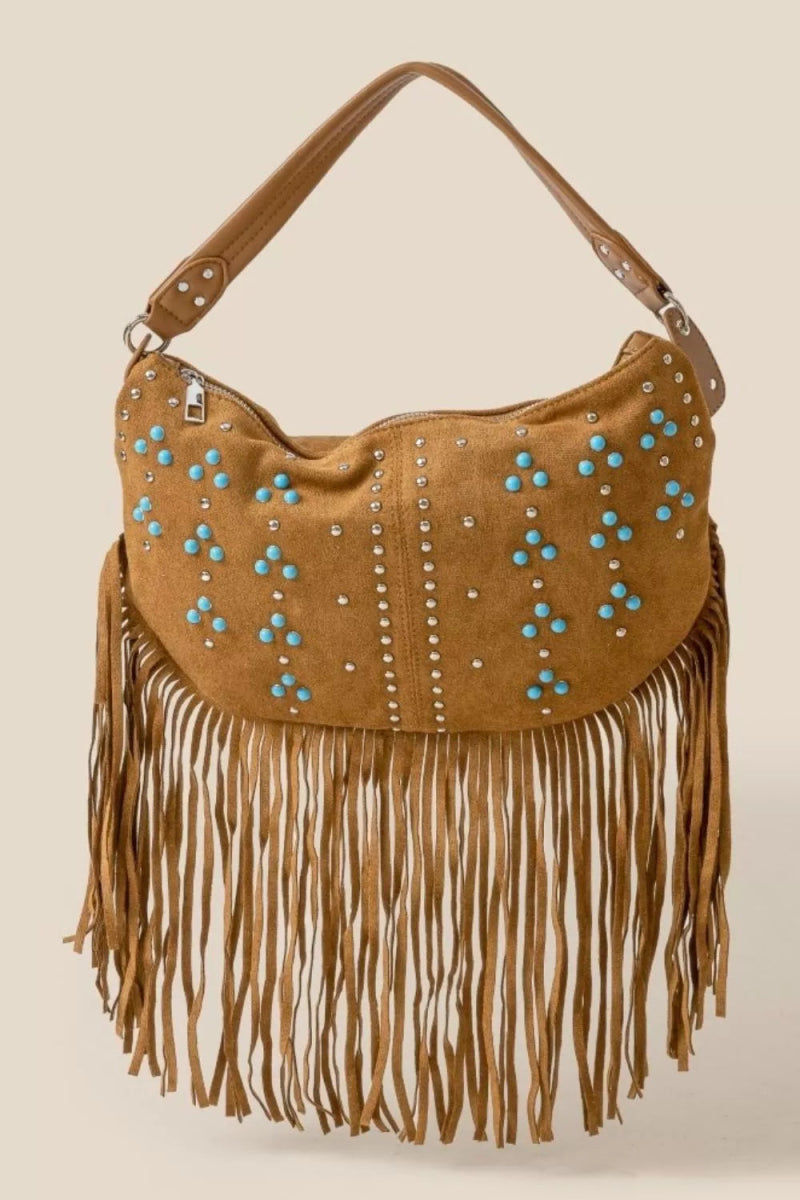 Studded Pattern Multi Fringe Hobo Shoulder Bag