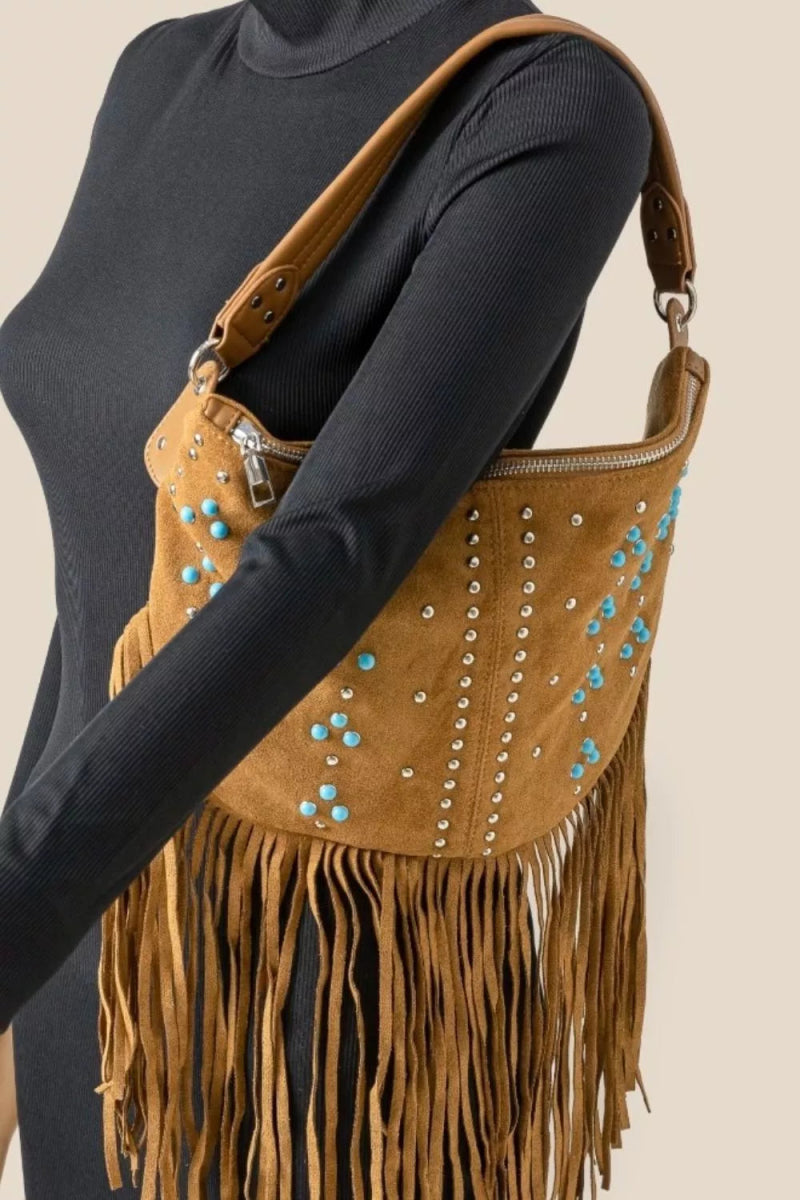 Studded Pattern Multi Fringe Hobo Shoulder Bag