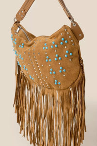 Studded Pattern Multi Fringe Hobo Shoulder Bag