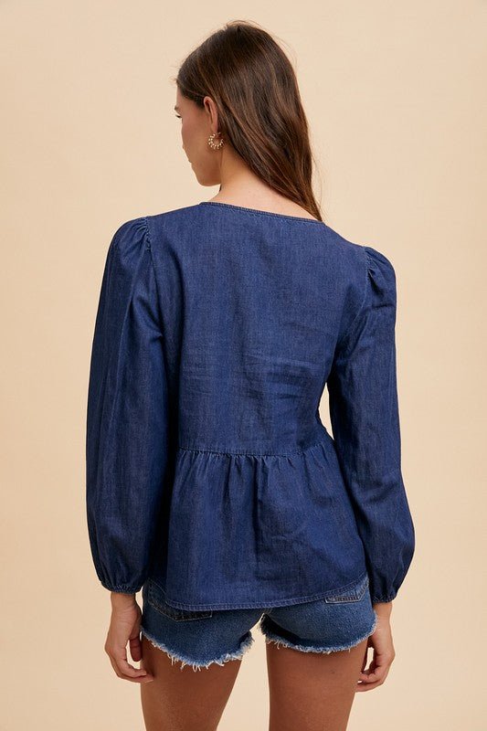 Tie Front Peplum Long Sleeve Denim TopMinnie's Treasure Boutique