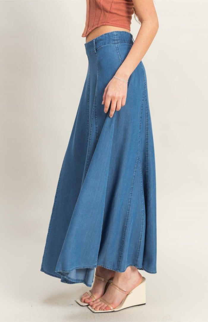 TIERRA DENIM BANDED WAIST MAXI SKIRT - Minnie's Treasure Boutique