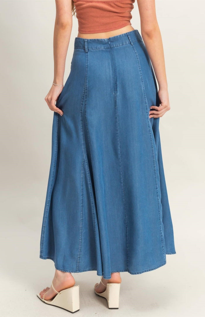 TIERRA DENIM BANDED WAIST MAXI SKIRT - Minnie's Treasure Boutique