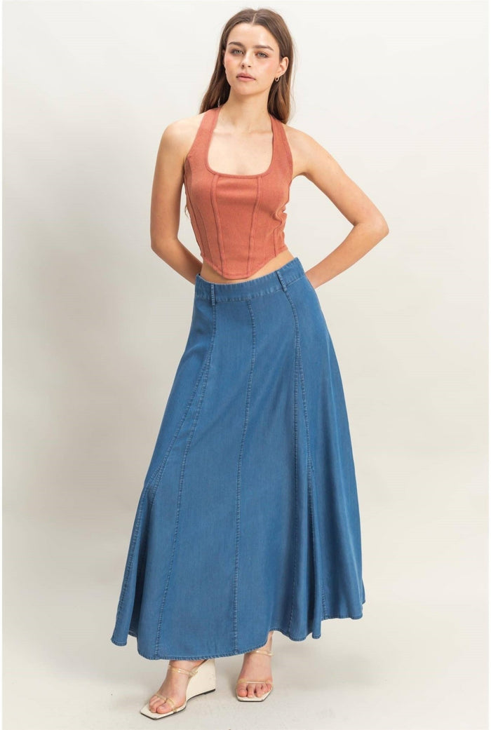 TIERRA DENIM BANDED WAIST MAXI SKIRT - Minnie's Treasure Boutique