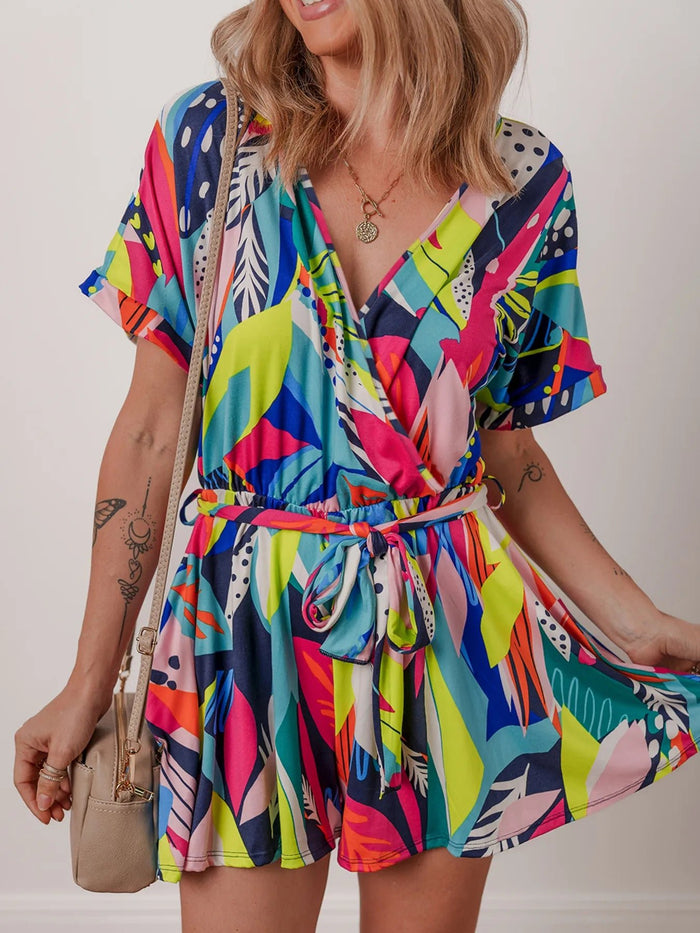 Tropical Printed Tie Waist Romper - Minnie's Treasure Boutique