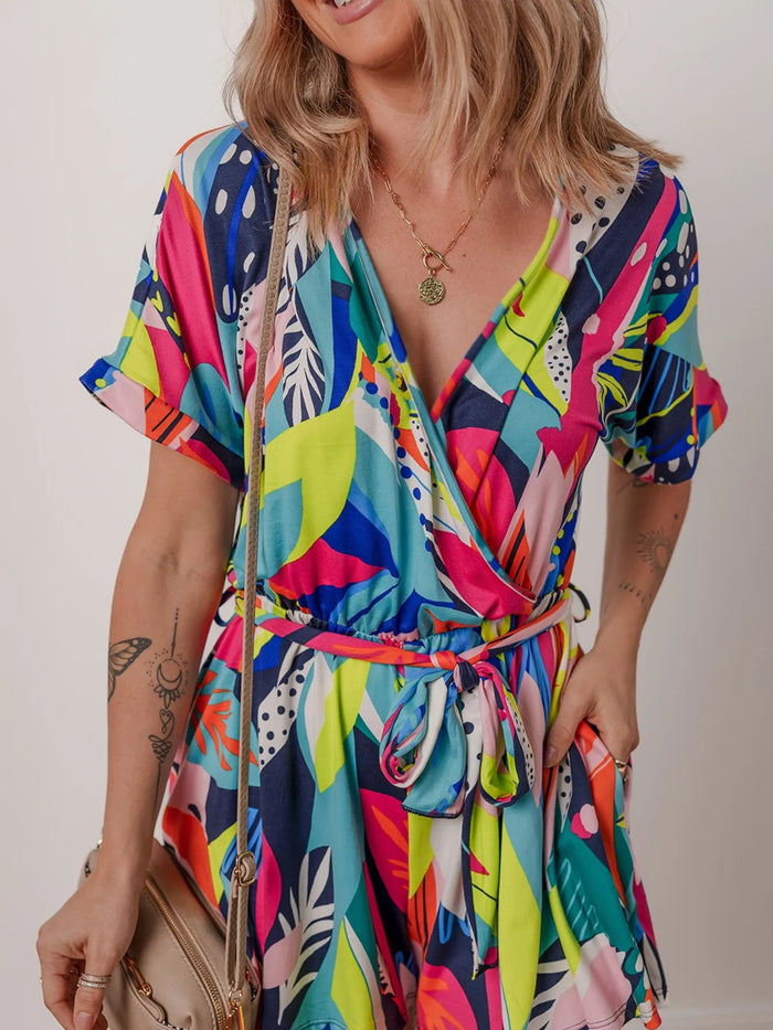 Tropical Printed Tie Waist Romper - Minnie's Treasure Boutique