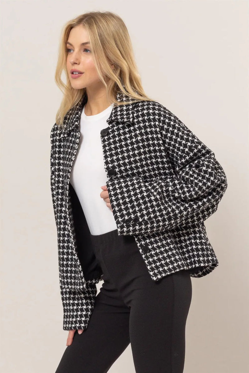 Tweed Plaid Button Up Collared Jacket