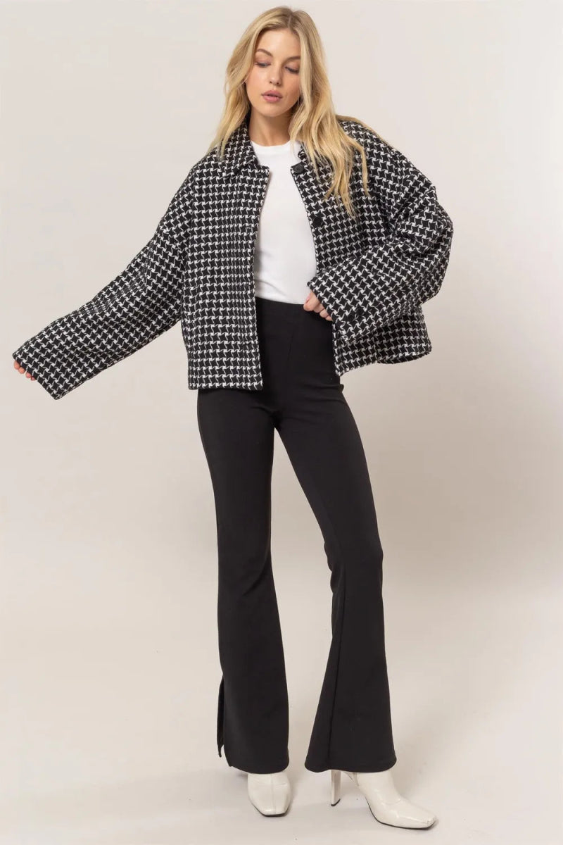 Tweed Plaid Button Up Collared Jacket