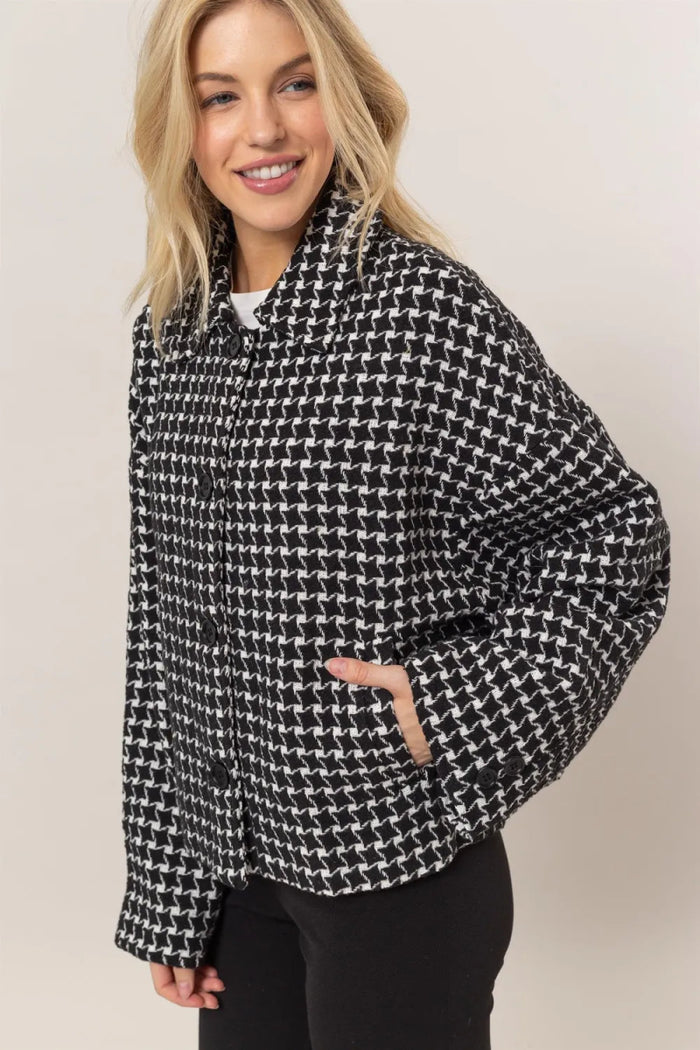Tweed Plaid Button Up Collared Jacket
