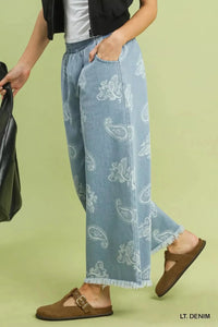 Umgee Denim Paisley Wide - Leg Pants