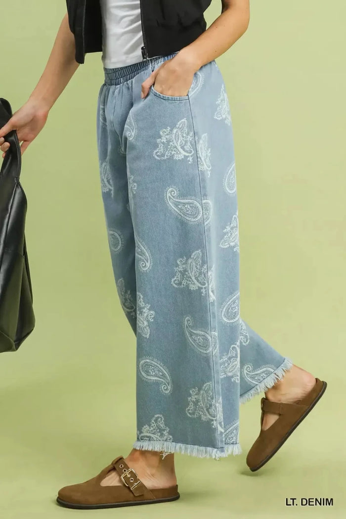 Umgee Denim Paisley Wide - Leg Pants