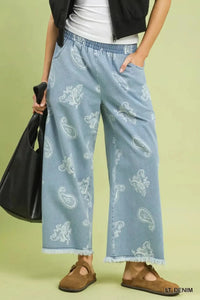 Umgee Denim Paisley Wide - Leg Pants