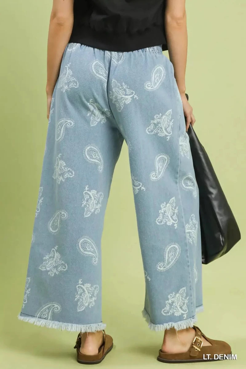 Umgee Denim Paisley Wide - Leg Pants