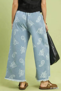 Umgee Denim Paisley Wide - Leg Pants