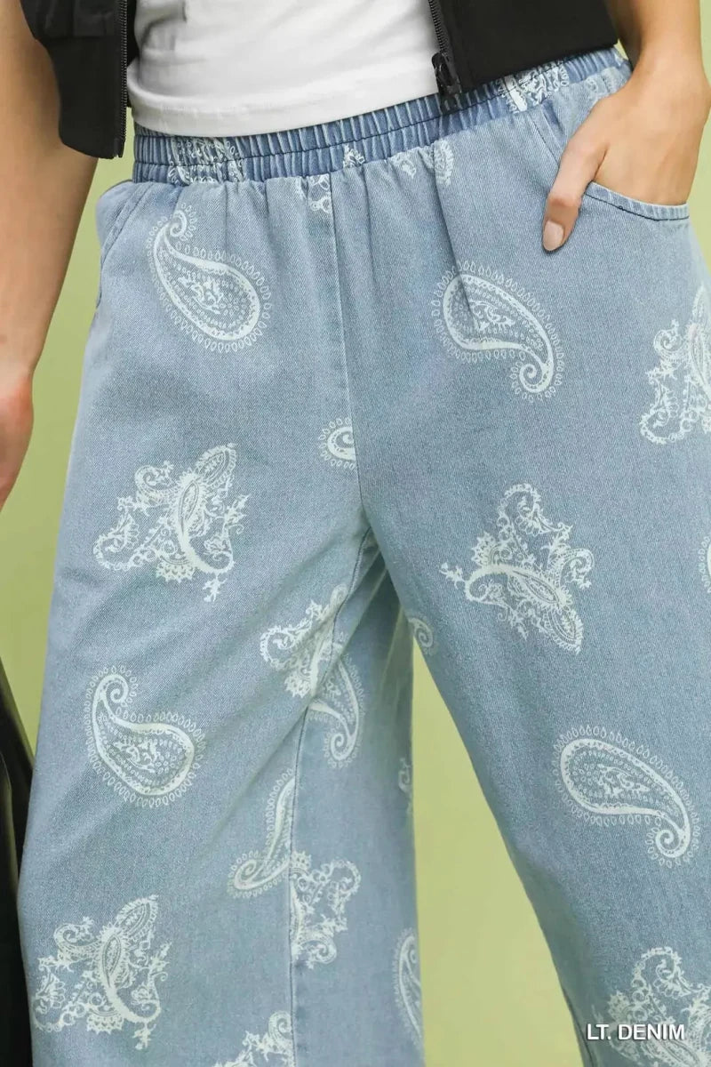 Umgee Denim Paisley Wide - Leg Pants