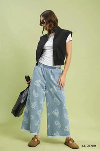 Umgee Denim Paisley Wide - Leg Pants