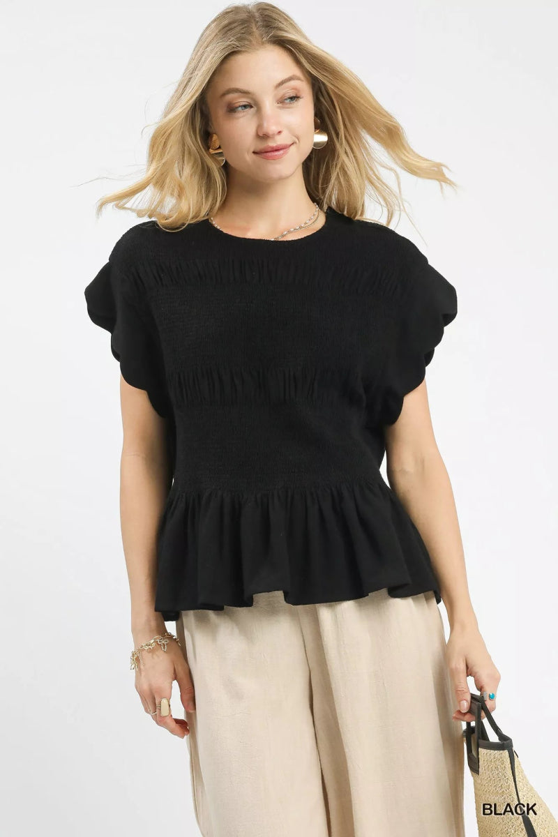 Umgee Linen Blend Smocked Peplum Blouse