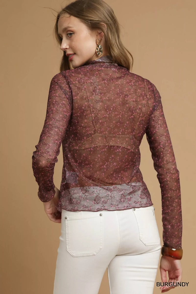 Umgee Nylon Lace Mesh Long Sleeve Top