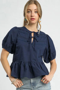 Umgee Tie Front Puff Sleeve Blouse