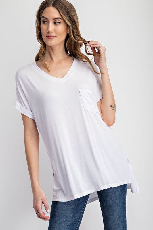 V Neck Basic High - Low Hem Top