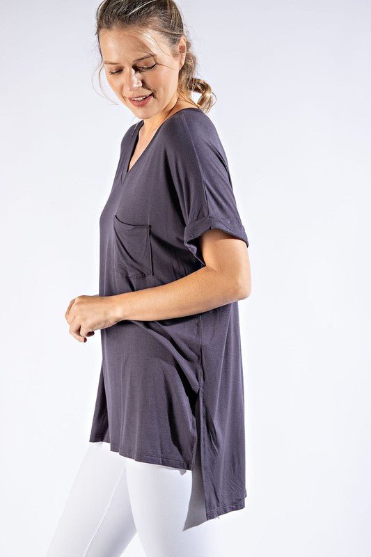 V Neck Basic High - Low Hem Top