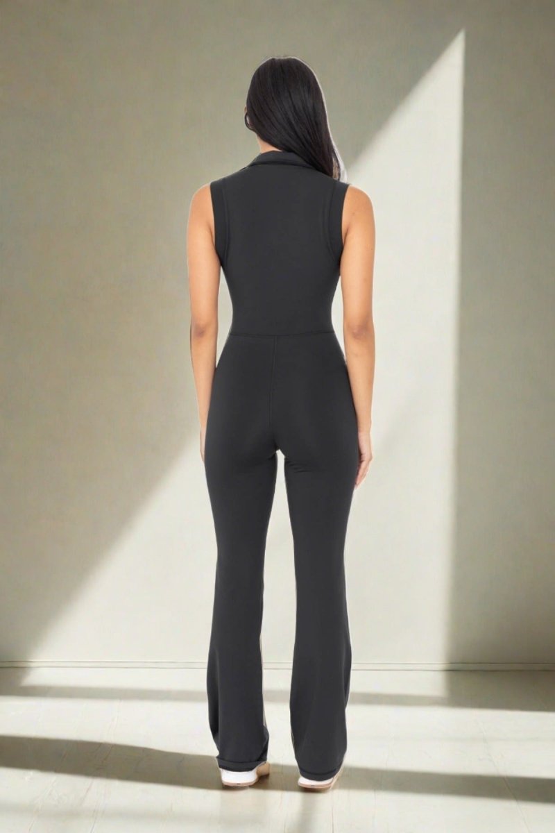 Venice Half Zip Flared Jumpsuit In Black