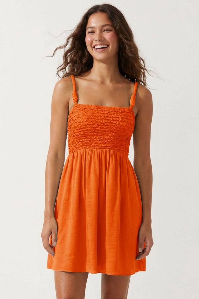 Vibrant Orange Cord Detail Smocking Mini Dress