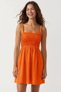 Vibrant Orange Cord Detail Smocking Mini Dress