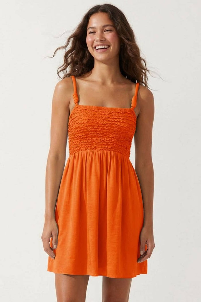 Vibrant Orange Cord Detail Smocking Mini Dress